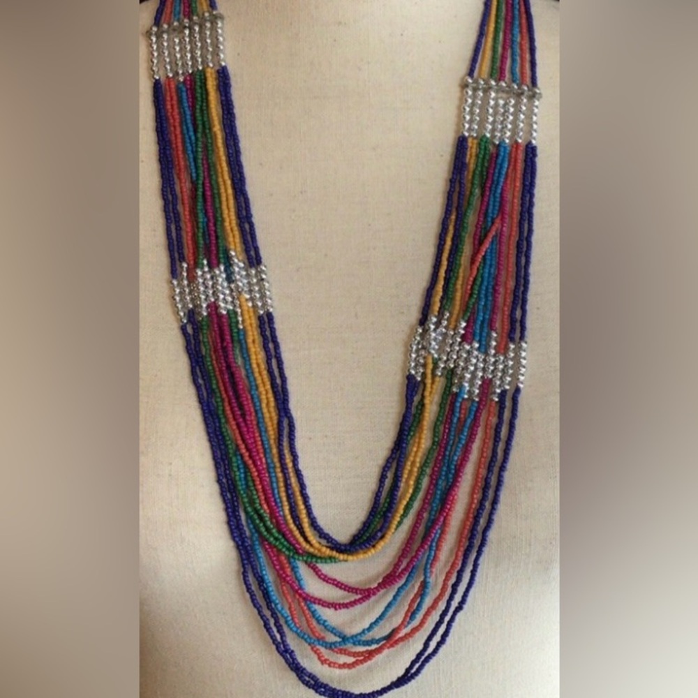 Beaded Silver Tone See Beads Colorful Vintage Bohemian Festival Hipster Necklace